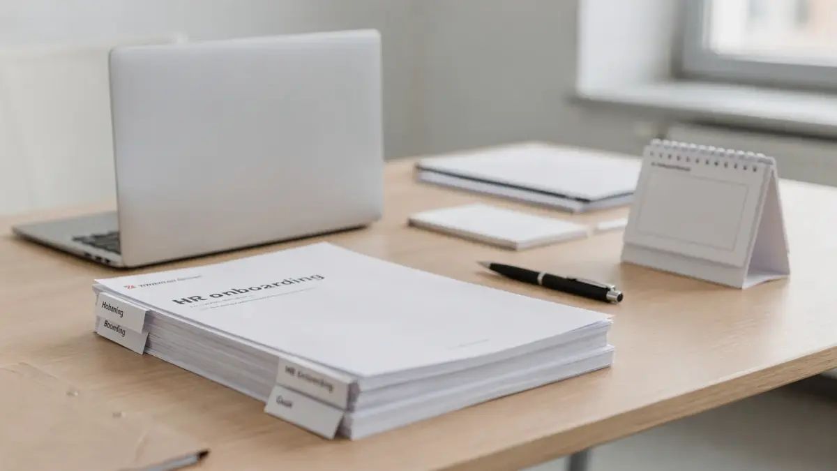 Bürodesk mit Unterlagen zur Anmeldung eines neuen Mitarbeiters bei Krankenkasse und Finanzamt