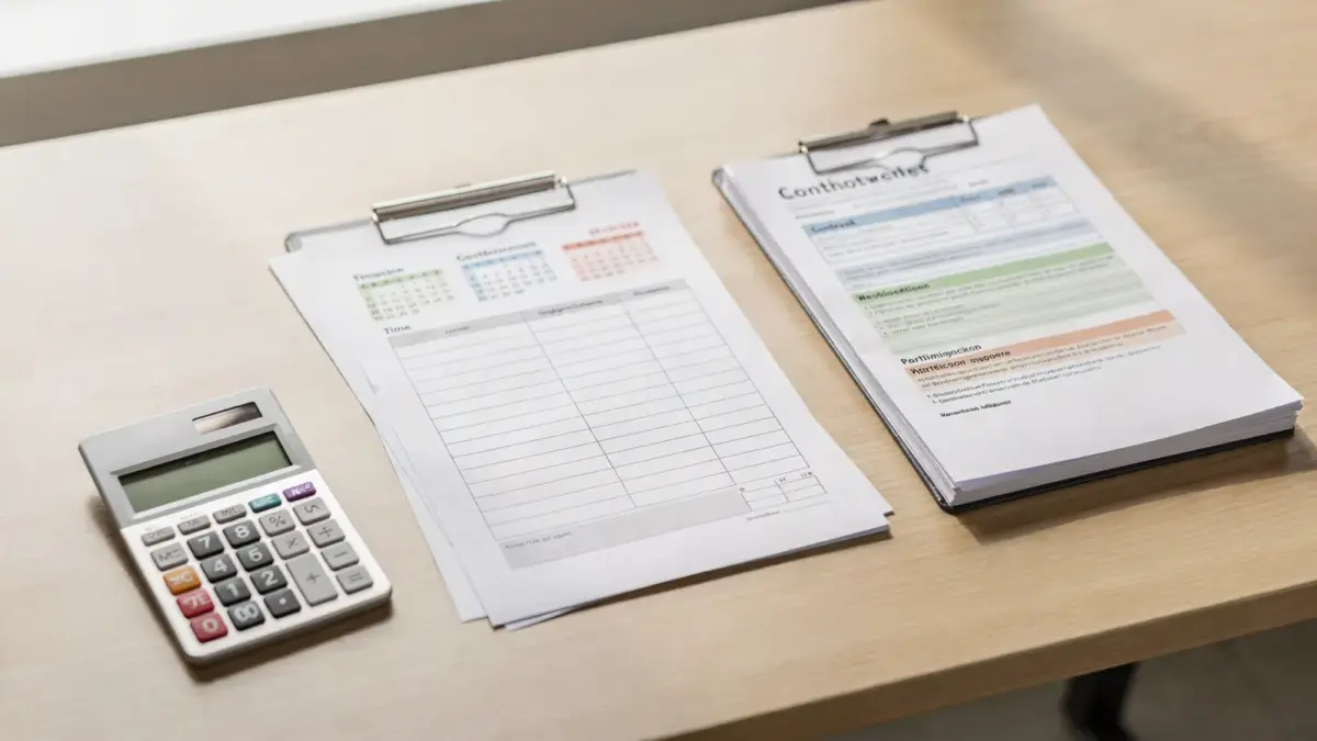 Bürodesk mit Kalender, Stundenzettel und Vertragsunterlagen zum Thema Minijob, Midijob und Teilzeit