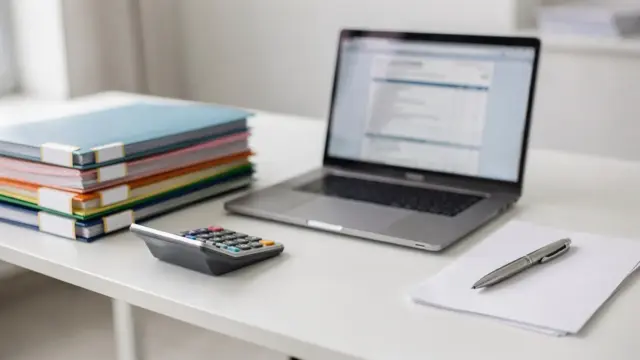 Steuerberater-Arbeitsplatz mit Steuerunterlagen, Rechner und Laptop zur Steuererklärung