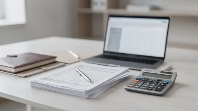 Steuerberater-Arbeitsplatz mit Unterlagen, Taschenrechner und Laptop zum Thema Jahresabschluss
