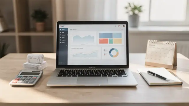 Büroarbeitsplatz mit Laptop und Unterlagen zur Steuersoftware für die Umsatzsteuer