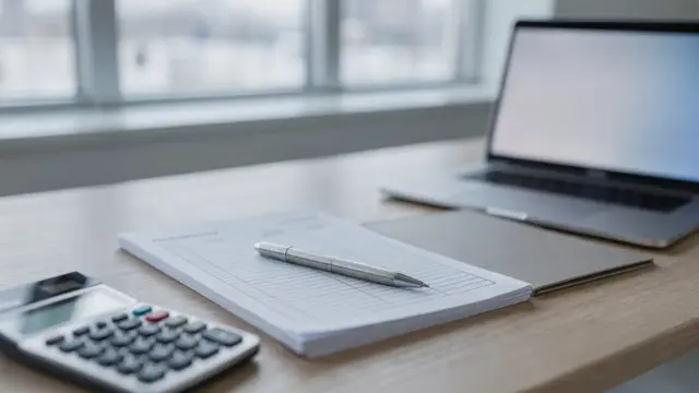 Steuerberater-Arbeitsplatz mit Belegen, Taschenrechner und Unterlagen zur Einnahmen-Überschuss-Rechnung