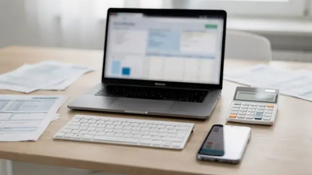 ELStAM-Verfahren auf einem Schreibtisch mit Laptop, Steuerunterlagen und Taschenrechner