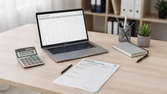 Lohnabrechnung mit Sachbezügen: Bürodesk mit Rechner, Formularen und Laptop