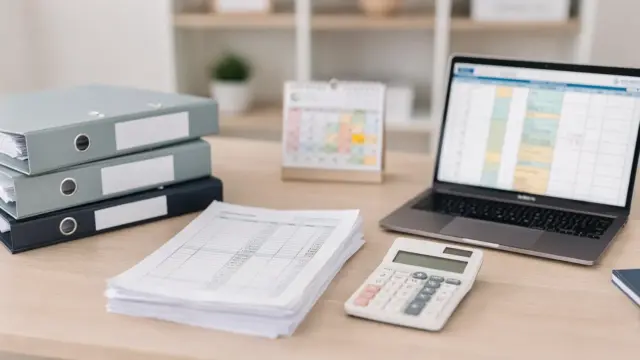 Lohnbuchhaltung beim Steuerberater: Arbeitsunterlagen, Rechner und Kalender im Steuerbüro